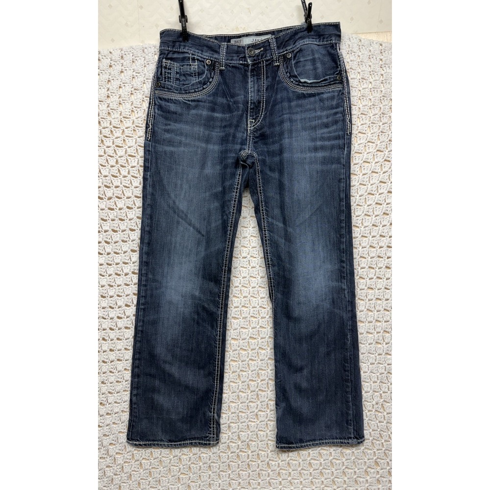 BKE Jake Jeans Mens 31S 31x29 Blue Denim Straight Leg Stretch Embroidery